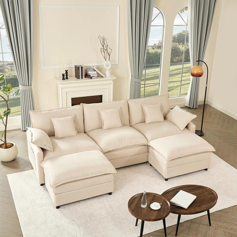 【4 Packages Shipping】274 cm U-Shaped Modular Sofa, 3-Seater With 2 Moveable Ottoman Sectional Couch, Set of Cloud Couch with Movable Ottoman Footstool, Deep Seat Sofa for Living Room,Chenille