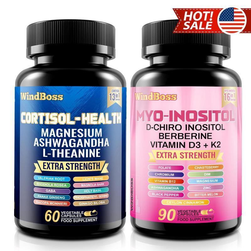 WindBoss Pack Potent – Ondersteuning van Cortisolregulatie en Myo-Inositol. Een uitgebreide, breed-spectrumformule met magnesiumcomplex, multivitaminencombinatie, mineralen en plantenextracten, alles in één. Verpakking van 2 flessen (60 + 90 capsules).