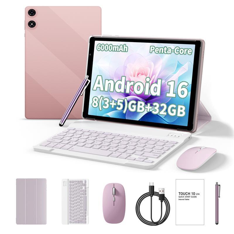 PRITOM tablet de 10,1" com Android 16, inclui teclado, rato e capa protetora, 8 GB de RAM + 32 GB de ROM, bateria grande de 6000 mAh. Rosa elegante, perfeita para estudantes e trabalhadores de escritório