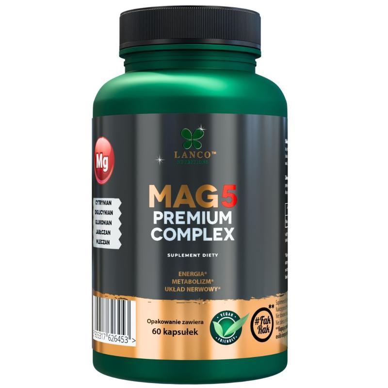 MAG5 Premium Complex – cytrynian, diglicynian, glukonian, jabłczan i mleczan magnezu – 200 mg – 60 kapsułek