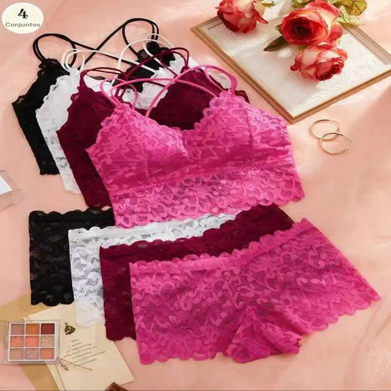Conjunto de roupa interior feminina com sutiã sem costas com renda em contraste e cueca; conjunto de lingerie rosa sexy, confortável e respirável para uso diário; conjunto de roupa interior para mulheres.