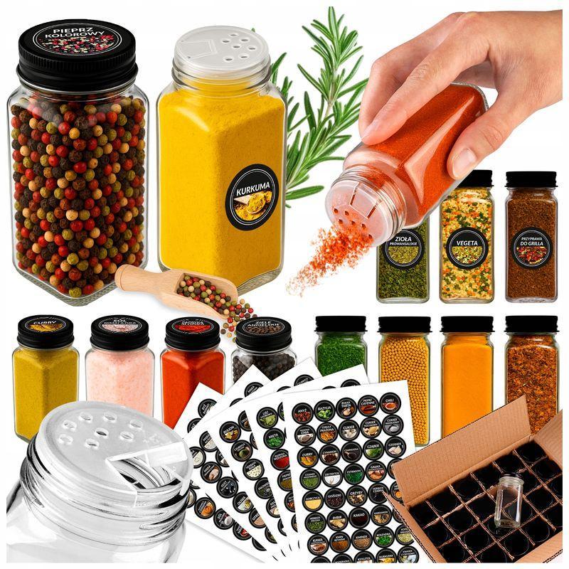 Zestaw - 24x Słoik kwadratowy 120 ml z czarną zakrętką 42mm i sitkiem+ Zestaw 200 szt czarno - kolorowych etykiet do przypraw, fi 37 + Czerpak drewniany