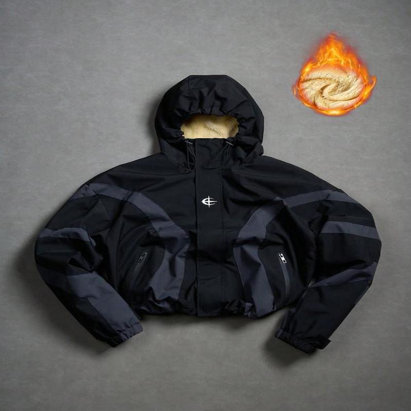 Herren-Streetwear-Windjacke, Sherpa-Futter, wasserdicht, lässige Winter-Oberbekleidung, locker geschnitten, geometrisches Muster, einfarbige Oberfläche