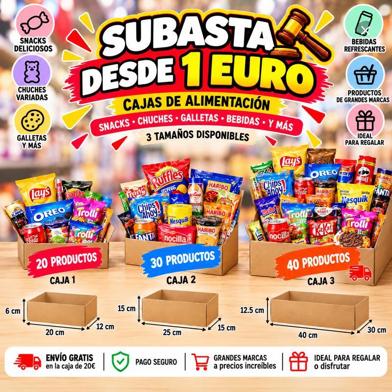 Caja de Snacks, Chuches, Galletas y Bebidas – subasta desde 1 | Algunos productos pueden tener una fecha de consumo preferente próxima