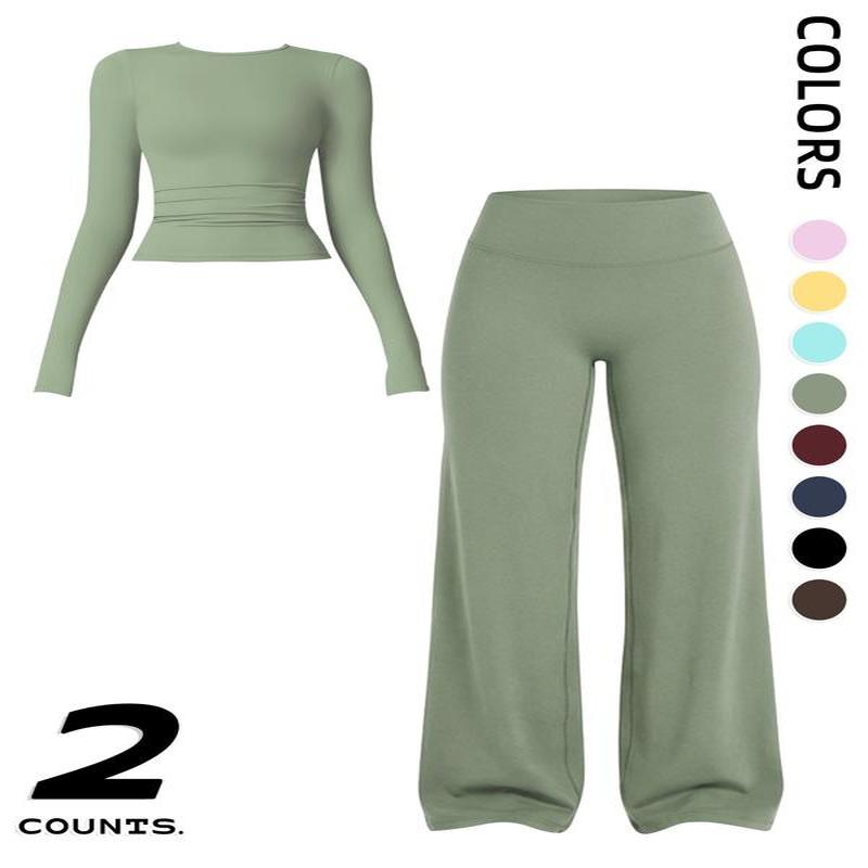 Conjunto de fitness feminino de 2 peças, top confortável de manga longa e calças de ioga de cintura alta com costas em V, ajuste justo casual, para todas as estações