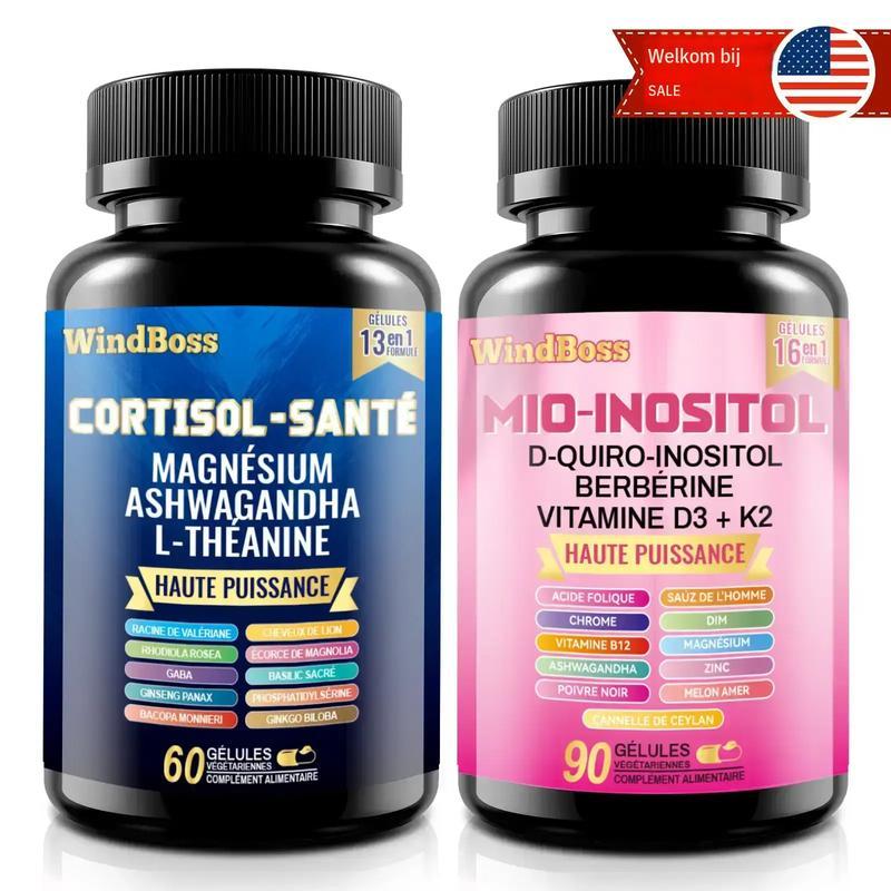 WindBoss combinatie van cortisol en inositol – 2 flesjes met een evenwichtige formule. Praktisch, van hoge kwaliteit en geschikt voor verschillende levensstijlen: veganistisch, glutenvrij en zonder onnodige toevoegingen. 2 sets, gratis verzending