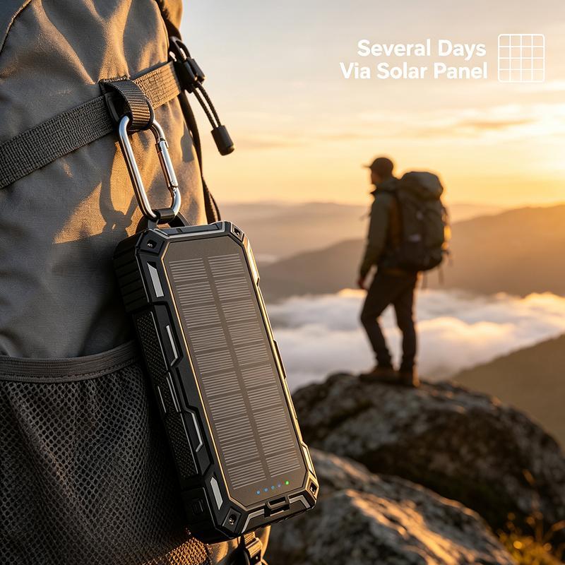 Draagbare zonne-energie powerbank 10 000 mAh / 20 000 mAh met kabels, hoge capaciteit en snelladen voor smartphones, waterdicht, voor gebruik buitenshuis en in noodgevallen