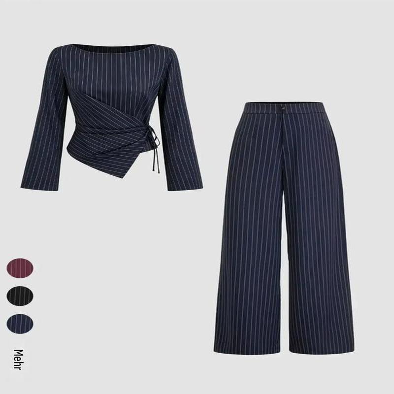 Damen-Set mit gestreifter Bluse mit langen Ärmeln und Bindeband hinten sowie breiten Hosen, eleganter, figurnaher Anzug für Büro & lässige Herbst-/Winterkleidung