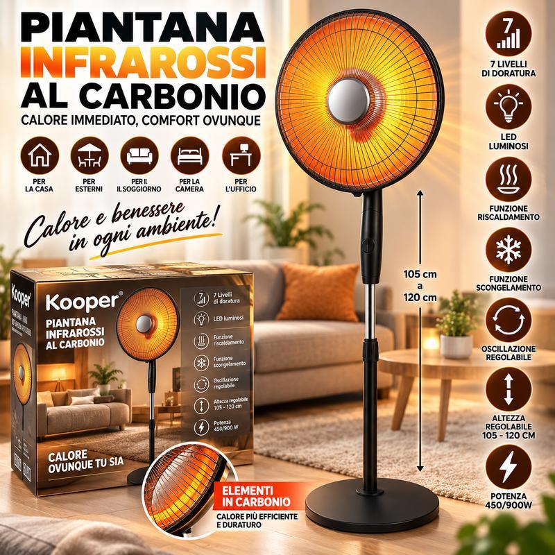 Chauffage au carbone à infrarouges avec pied 900 W | Hauteur réglable 105–120 cm, oscillation et inclinaison réglables | 2 niveaux de puissance 450/900 W, minuterie..