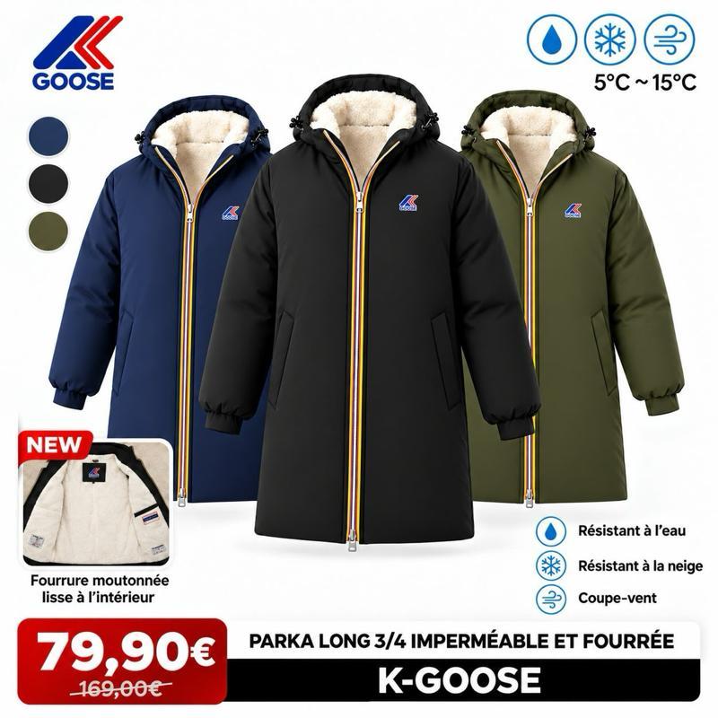 Parka 3/4 MIXTE K-GOOSE Paris – Imperméable, Fourrée & Coupe-Vent – Mi-Longue à Capuche
