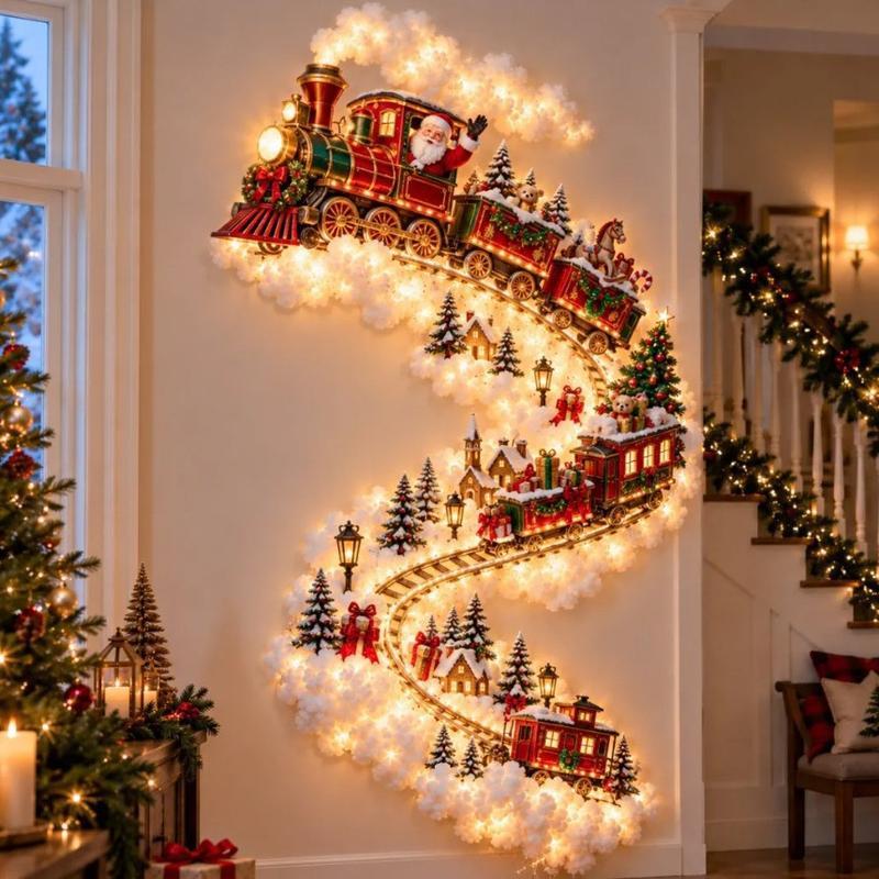 Luzes de parede natalinas com decoração de árvore de Natal em espiral com LEDs, trenó do Papai Noel, boneco de neve e sininhos, luzes pendentes de Natal, presentes festivos para a casa e a sala de estar.