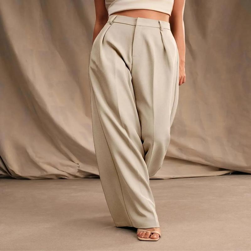 Pantalones de mujer de color sólido y pierna ancha, diseño plisado, elegantes y casuales para el trabajo, la oficina y los negocios, pantalones femeninos para todas las estaciones