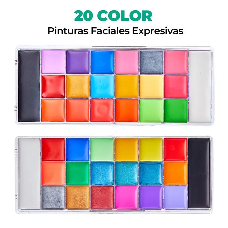 Ultramo Kit de Pintura Facial | 20 Colores, Pans Grandes, Incluye 3 Brochas Profesionales de Colores Sorpresa | Ideal para Halloween, Día de Muertos, Cosplay, Fiestas, SFX y Maquillaje Escénico