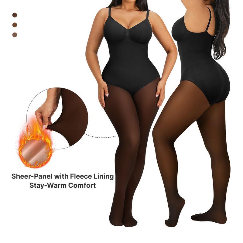 SHAPELLX Sheer-Panel with Fleece Lined Tights Stay-Warm Tummy Control Sheer Effect Tights Bodysuit Black Basic
