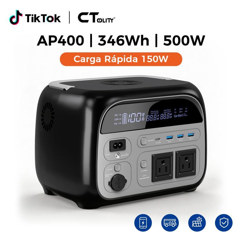 CTOLITY AP400 Generador Solar Portátil 346Wh 500W Batería LiFePO4 150W Carga Rápida Inalámbrica 4000+ Ciclos UPS Instantáneo para Cortes de Luz Emergencias Respaldo de Energía Camping Viajes Hogar Exterior Generador Eléctrico Portátil Batería de Respaldo para TV Ventilador Laptop Celular